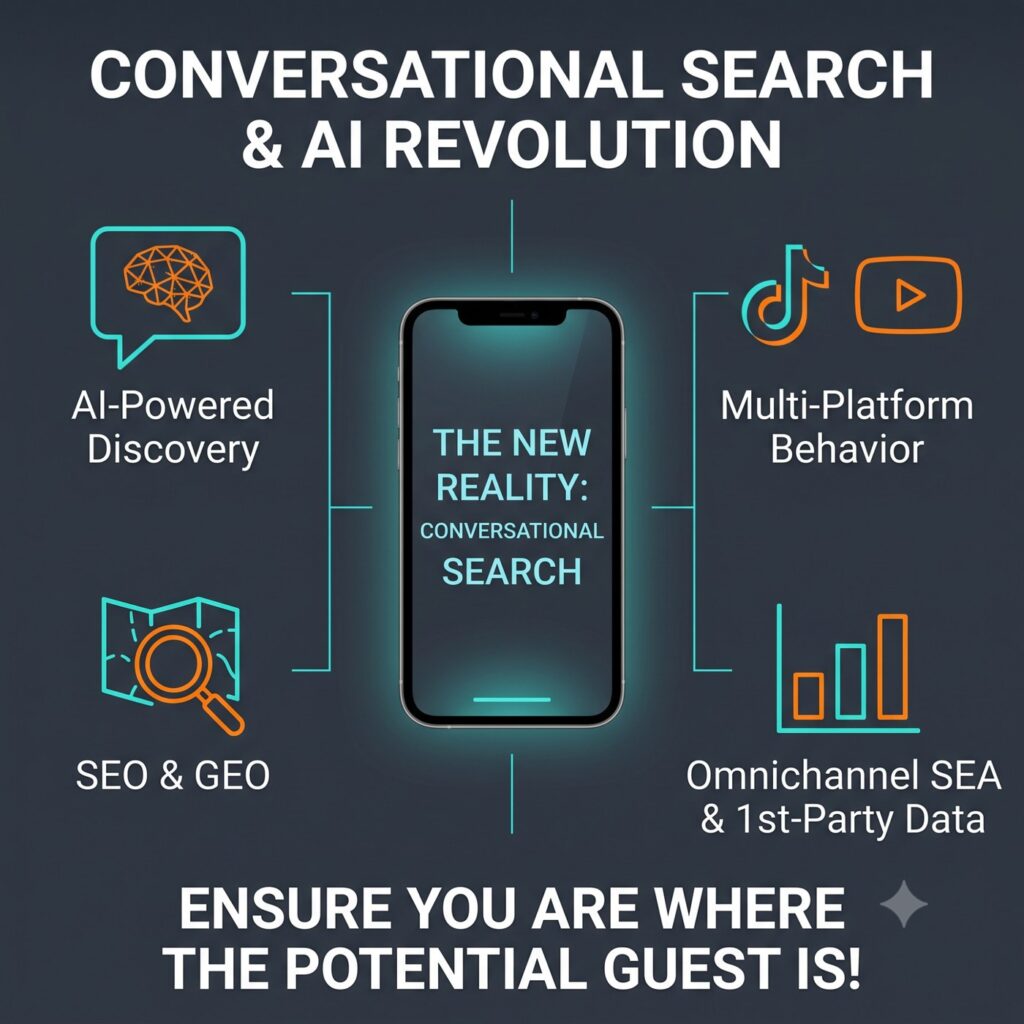 Infographic: conversational search and the AI revolution - AI-powered discovery, SEO and GEO, multi-platform behavior and omnichannel SEA in a search strategy for travel and leisure